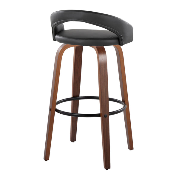 English Elm Fixed-height Swivel Barstools Walnut Bentwood Legs Black Pu Seat Metal Footrest Set B202S01856
