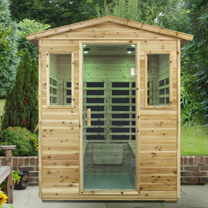 English Elm Four Person Outdoor Infrared Sauna with Solid Fir Wood Bluetooth Audio Low Emf Panels W632S00032