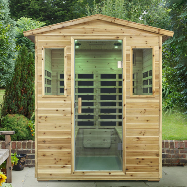 English Elm Four Person Outdoor Infrared Sauna with Solid Fir Wood Bluetooth Audio Low Emf Panels W632S00032