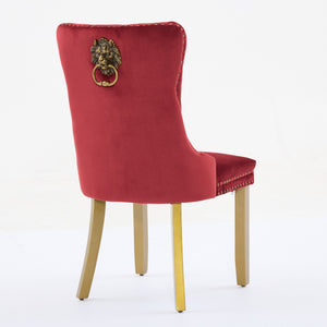 English Elm Mid-Century Lion Head Pull Ring Velvet Dining Chair with Tufted Cushion, Gold Wood Legs, Nailhead Trim WINE RED W1143P233645