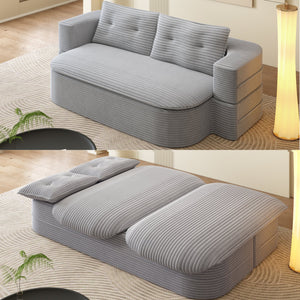 English Elm 78.7" Modern Foldable Corduroy Sofa Bed with 2 Plush Pillows, 2-in-1 Convertible Sleeper and Blanket LIGHT GREY W3219P317385