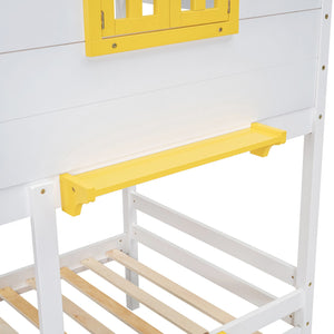 English Elm Twin Playhouse Bunk Bed Pinewood Frame with Pitched Roof Window Shelf and Storage Drawers White LT001608AAK-1