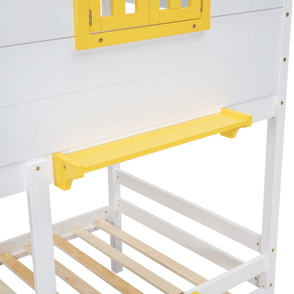 English Elm Twin Playhouse Bunk Bed Pinewood Frame with Pitched Roof Window Shelf and Storage Drawers White LT001608AAK-1