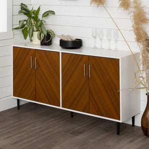 English Elm Walker Edison - Mid-Century Faux-Bookmatch Door Buffet with Metal Legs, Two-Tone Teak/White Storage Console B185P169345