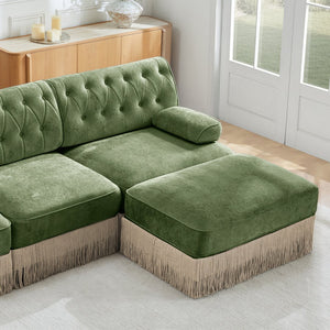 English Elm Soft Velvet Chesterfield Sectional Sofa Tufted Tassel Fringe Skirt Modular Living Room Green W714S01703