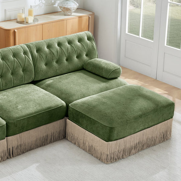 English Elm Soft Velvet Chesterfield Sectional Sofa Tufted Tassel Fringe Skirt Modular Living Room Green W714S01703