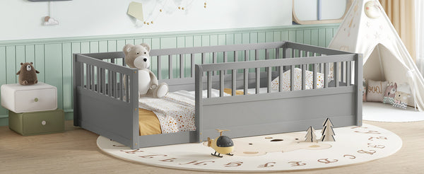 English Elm Twin Montessori Floor Bed Frame for Kids – Pine Playroom Bed with Fence for Reading & Imaginative Play Gray W1580P307881