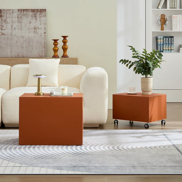 English Elm Modern Saddle Leather Upholstered Side Table Compact Mdf Frame for Living Room Orange W2085P400865
