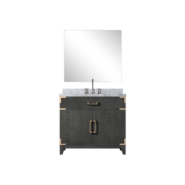 English Elm Black Oak Single Bath Vanity Set With Carrara Marble Top, 34" Mirror & Chrome Faucet For Elegant Style B2731S02219