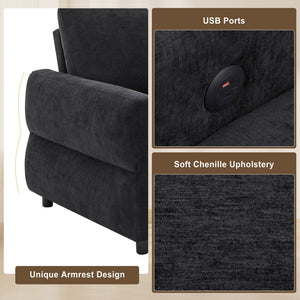 English Elm Convertible Chenille Sleeper Loveseat with Usb Ports and Reclining Backrest for Small Spaces Black N719P390439B