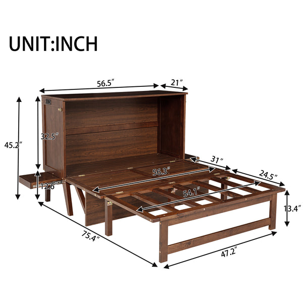 English Elm Full Size Pine Cabinet Murphy Bed with Usb Charging Side Shelves for Guest Rooms W504S00221