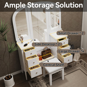 English Elm Antique Glam Vanity Desk with Triple Mirror, Stool & 6 Drawers, Full‑Length Mirror, White Elegance N844P285297A