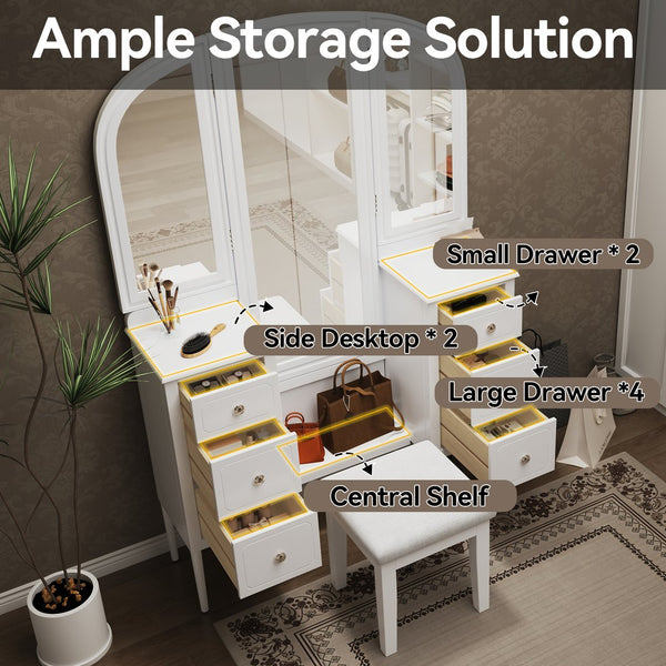 English Elm Antique Glam Vanity Desk with Triple Mirror, Stool & 6 Drawers, Full‑Length Mirror, White Elegance N844P285297A