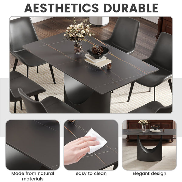 English Elm 55.12"Modern Sintered Stone Dining Table with Bronze Iron Legs — Sleek Rectangular Top, Seats 6, 400 lb Capacity Black W1535S00564