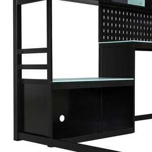 English Elm Full Size Gaming Loft Bed with Built-in Desk Led Lighting Usb Ports and Pegboard Black+Blue LT000270AAC