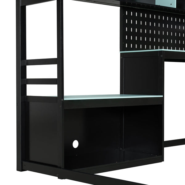 English Elm Full Size Gaming Loft Bed with Built-in Desk Led Lighting Usb Ports and Pegboard Black+Blue LT000270AAC