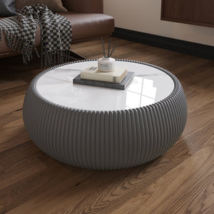 English Elm Light Marble Top Drum-Shaped Leather Coffee Table – Modern Elegance For Living Room And More! W3081P367628
