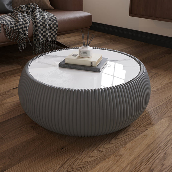 English Elm Light Marble Top Drum-Shaped Leather Coffee Table – Modern Elegance For Living Room And More! W3081P367628