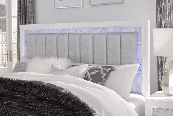 English Elm SKYE Luxurious Marble-Accented King Bed with Padded LED Headboard, Solid Wood Frame, Panel Design White 82.09 L x 40.55 W x 5.71 H B201S00117