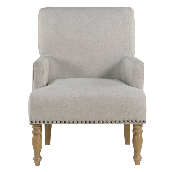 English Elm Alice Beige Arm Chair with Pecan Legs, Brass Nailhead Trim, Pocket Coil Springs, Easy-Clean Polyester Upholstery B050P229959