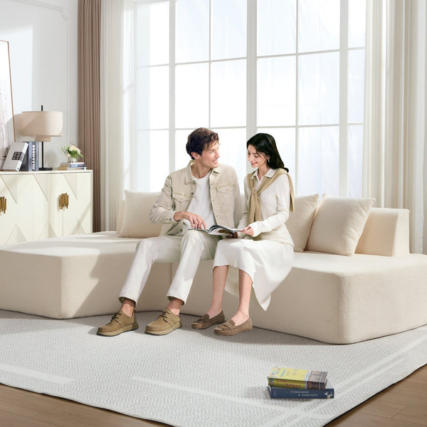 English Elm Compression Sectional Couch with Corduroy Upholstery, Deep-Seated Modular L-Shaped Sleeper Sofa, No-Assembly Comfort and Stability Ivory W1249S00005