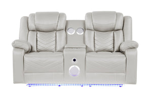 English Elm Challenger Power Reclining Loveseat with Bluetooth Speakers, USB Ports, LED Base Lighting & Console Beige G150109155