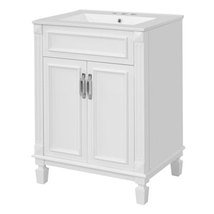 English Elm 24'' Bathroom Vanity with Sink - Solid Wood Frame, Glossy Ceramic Basin, Soft-Close Doors & Ample Storage Elegant Modern Design, Durable MDF Construction, Retro Metal Handles, Compact 24-inch Cabinet White N710P317675K