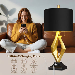 English Elm 25.5in Gold Resin Sculptural Bedside Lamp Set with Black Linen Shades and Usb Ports W3355P440837