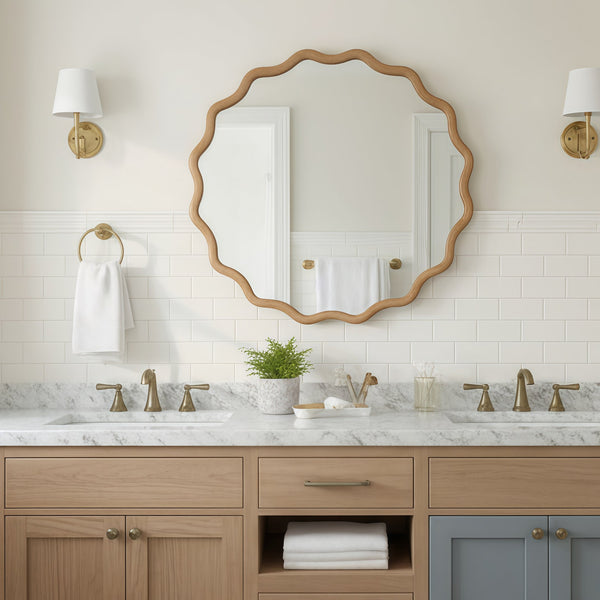 English Elm Natural Wood 36in Wavy Round Solid Wood Frame Mirror – Rustic Tempered Glass Vanity Decor, Entryway W2203P389080