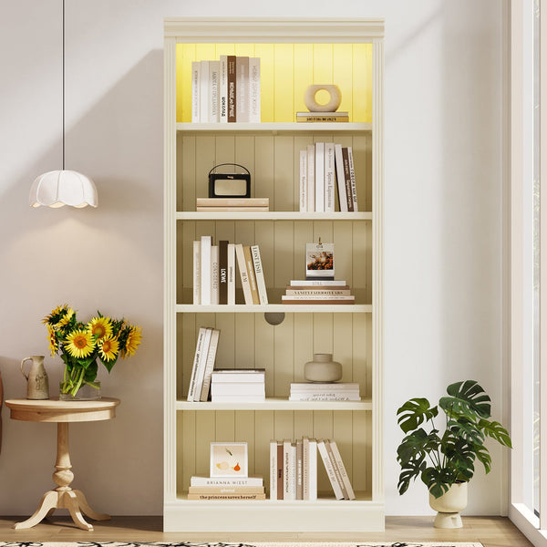 English Elm 83" 5-Tier Bookcase Suite with LED Light Strip, Adjustable Shelves, Cable Management & Solid Wood Frame Beige+yellow N751S246920A