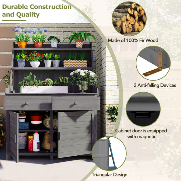 English Elm [Assembly 65inch Garden Potting Bench Table Fir Wood Workstation with 3-Tier Shelves Drawers Cabinet for Organization and Durability Gray N717P220217E
