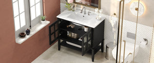 English Elm Christopher Knight Home® - 36" Bathroom Vanity with Ceramic Sink, Solid Wood Legs, Waterproof Finish, Soft-Close Hinges, Open Shelf, Silver Knobs Black N817P286249B