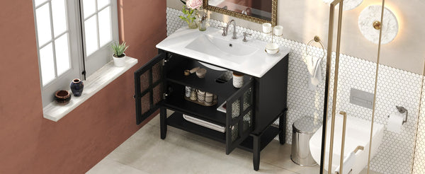 English Elm Christopher Knight Home® - 36" Bathroom Vanity with Ceramic Sink, Solid Wood Legs, Waterproof Finish, Soft-Close Hinges, Open Shelf, Silver Knobs Black N817P286249B