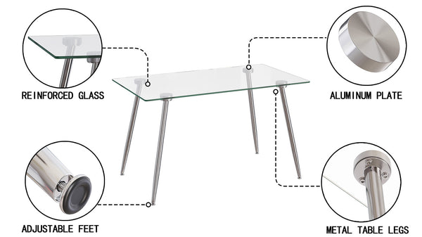 English Elm Glass Dining Table with 8mm Tempered Top and Silver Metal Legs — Modern Minimalist Desk/Dining W2189P255608