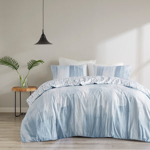 N Natori Brush Stroke Casual 3 Piece Oversized Reversible Seersucker Duvet Cover Mini Set NS12-3708 Blue