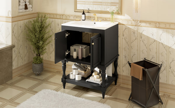 English Elm 24'' French Style Bathroom Vanity with Ceramic Sink Soft Close Cabinet and Drawer Black N710P411341B