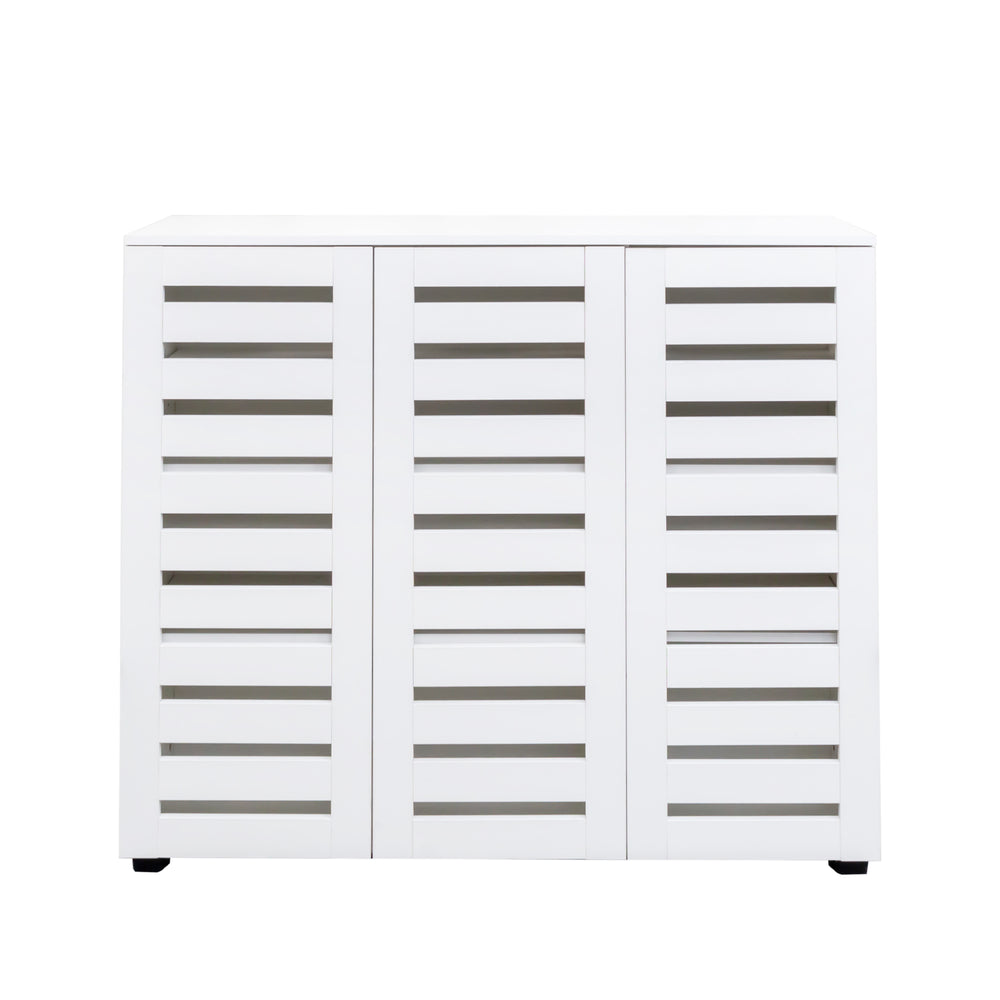 English Elm Shoe Cabinet 4-Tier Adjustable Shelves Louvered Door Shoe Rack Organizer for Entryway Hallway White W331P242459