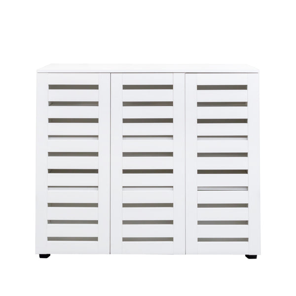 English Elm Shoe Cabinet 4-Tier Adjustable Shelves Louvered Door Shoe Rack Organizer for Entryway Hallway White W331P242459
