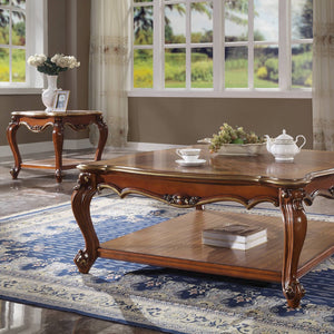 English Elm Honey Oak Scalloped Top End Table with Queen Anne Legs and Bottom Shelf — Classic Wood Veneer Accent B062P209105