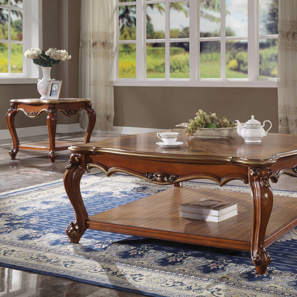 English Elm Honey Oak Scalloped Top End Table with Queen Anne Legs and Bottom Shelf — Classic Wood Veneer Accent B062P209105