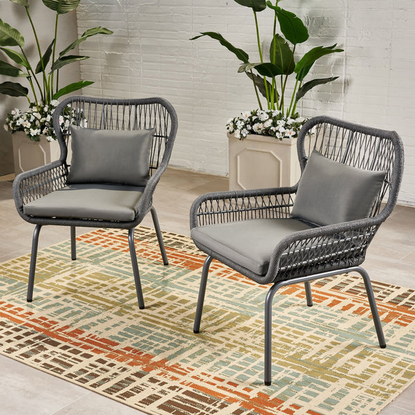 English Elm Christopher Knight Home® - SOUTHPORT Woven Rope Club Chair with Steel Frame, Water‑Resistant Cushions & Bohemian Outdoor Style Dark Gray 62329.00CGRY