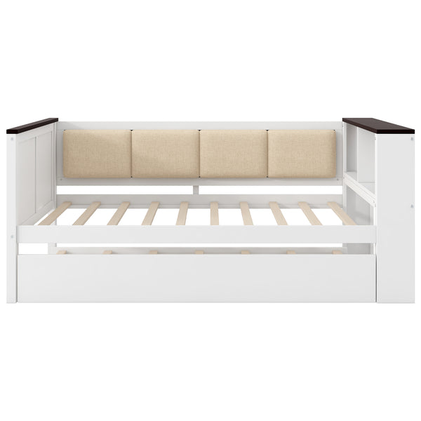 English Elm Twin Pine Wood Daybed with Trundle Upholstered Backrest Storage Shelf and Usb Port N7090002232K