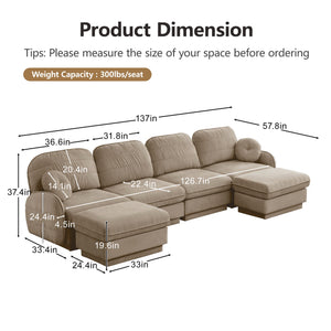 English Elm 137" Oversized U-shaped Chenille Sectional with Ottoman Quilted Cushions for Spacious Living Light Coffee W714S01764