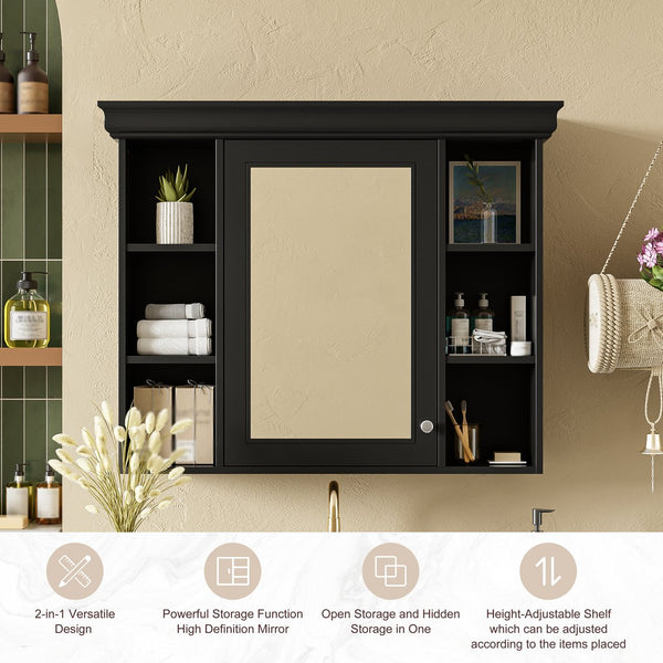 English Elm 35'' 35' 35'' x 28'' Wall Mounted Medicine Cabinet with Mirror Door, Modern MDF Storage with Towel Rod Black N710P196545B