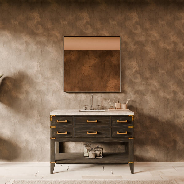 English Elm Black Oak Single Bath Vanity Set With Carrara Marble Top & Coordinating 46" Mirror For Elegance B2731S02134