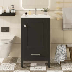 English Elm 20-Inch Compact Bathroom Vanity with Ceramic Sink, Soft-Close Storage, Divider Drawer & Easy Plumbing Access Black N729P334847B