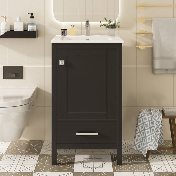 English Elm 20-Inch Compact Bathroom Vanity with Ceramic Sink, Soft-Close Storage, Divider Drawer & Easy Plumbing Access Black N729P334847B