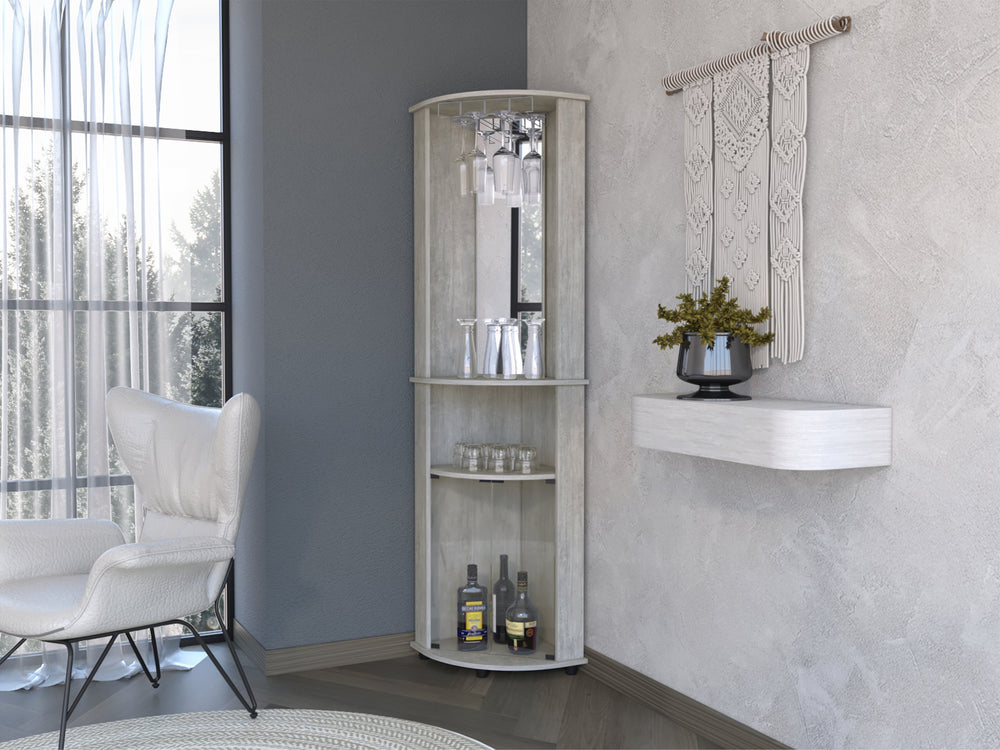 English Elm Oregon Gray Corner Bar Cabinet with Mirror, Twin Glass Doors, Wine & Glass Rack, 3-Tier Storage B128P176138