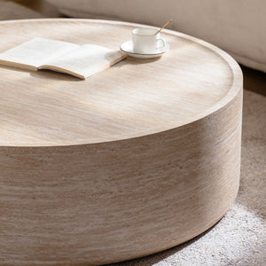 English Elm 39.37" Round Drum Coffee Table with Bold Mars Stone Print for Modern Living Rooms W3081P394201