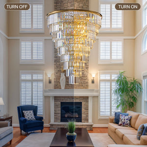 English Elm 48-Inch Gold Tiered Crystal Chandelier — 45-Light E12, 580 Crystal Rods, Mirror Finish, Dramatic Foyer Statement W2869S00030